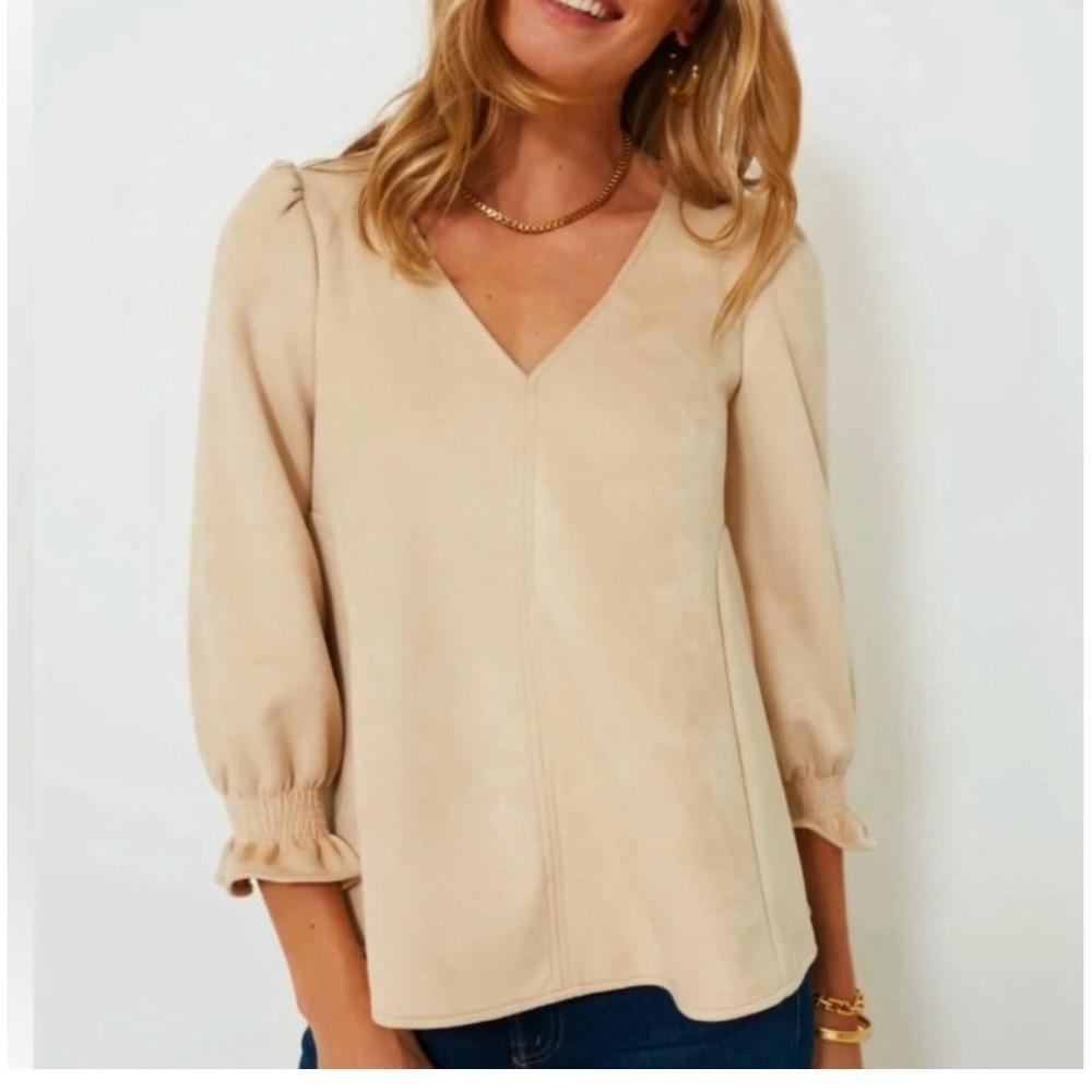 Tuckernuck V-Neck Easton Suede Swing Long Sleeve Top Beige Size Medium
